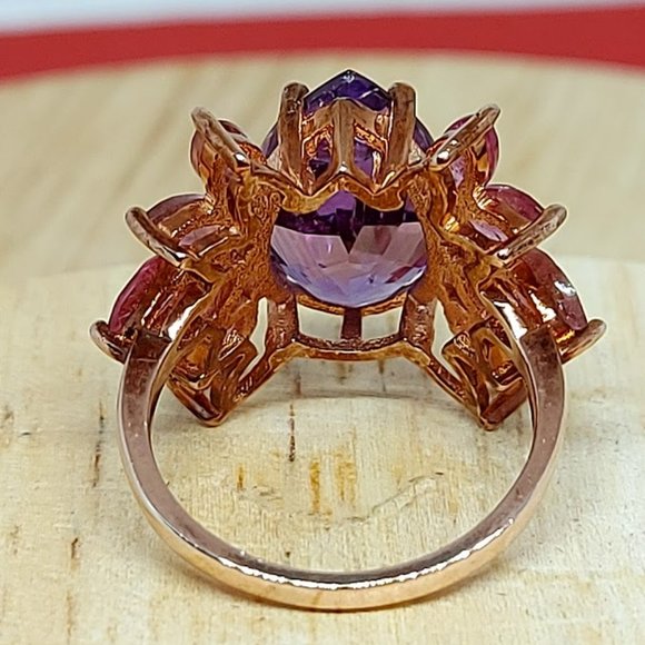 Natural Amethyst & Tourmaline Rose Gold on Sterling Silver Earrings & Ring 7.5 - Picture 12 of 15
